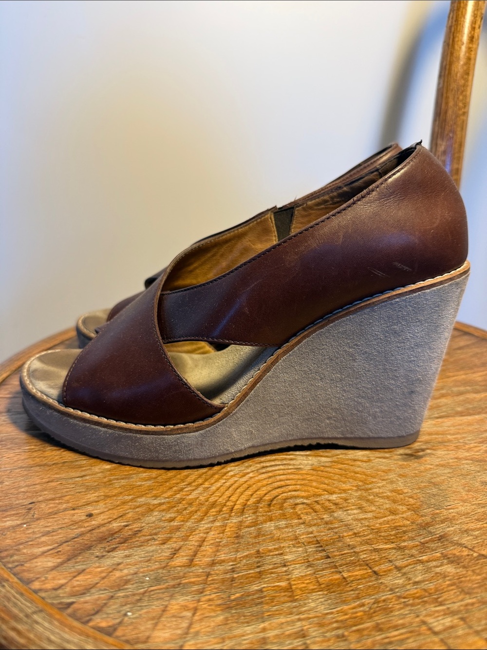 A.P.C. Brown Leather Wedge Sandals with Gray Suede Platform
